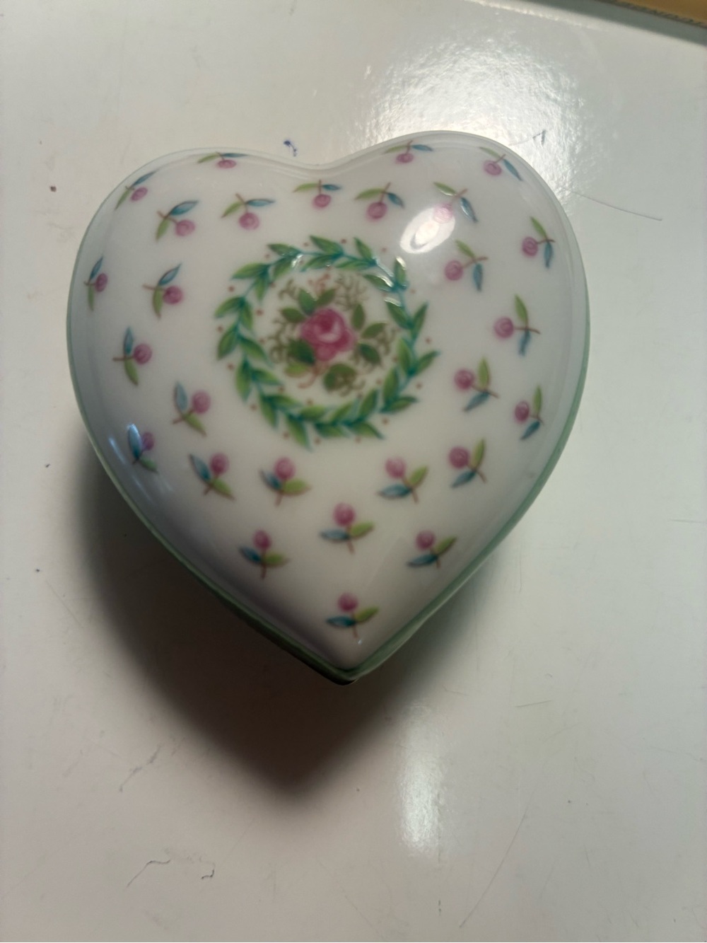 Porcelain Heart Trinket Box - White with Pink Rose Floral Design